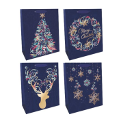 Vianočná papierová taška 260x320mm textilné ušká vo farbe tašky mix 4 modrých motívov bez možnosti